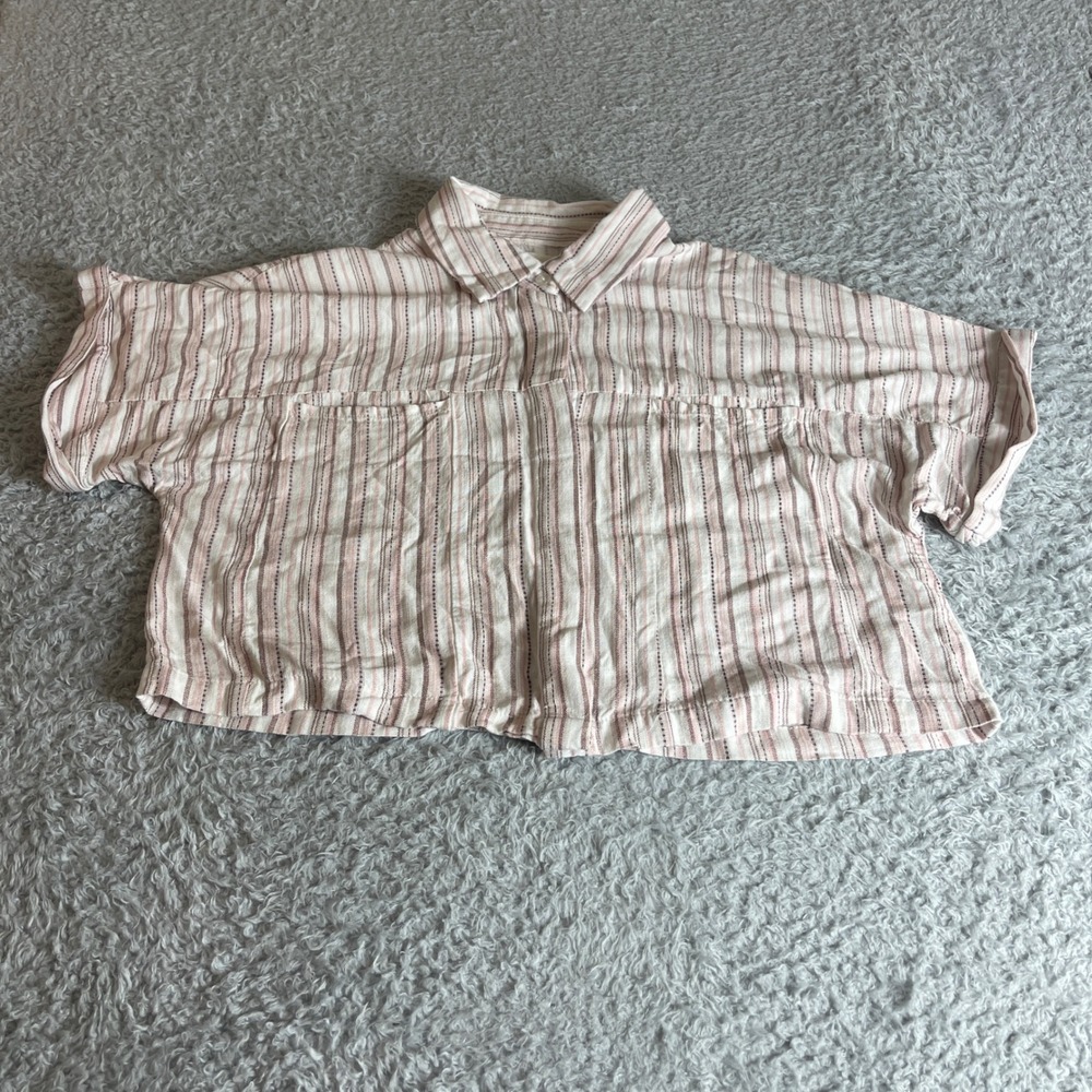 April Kiss Womens Pink Striped Linen Blend Cropped Button Down Shirt Small - Picture 1 of 9